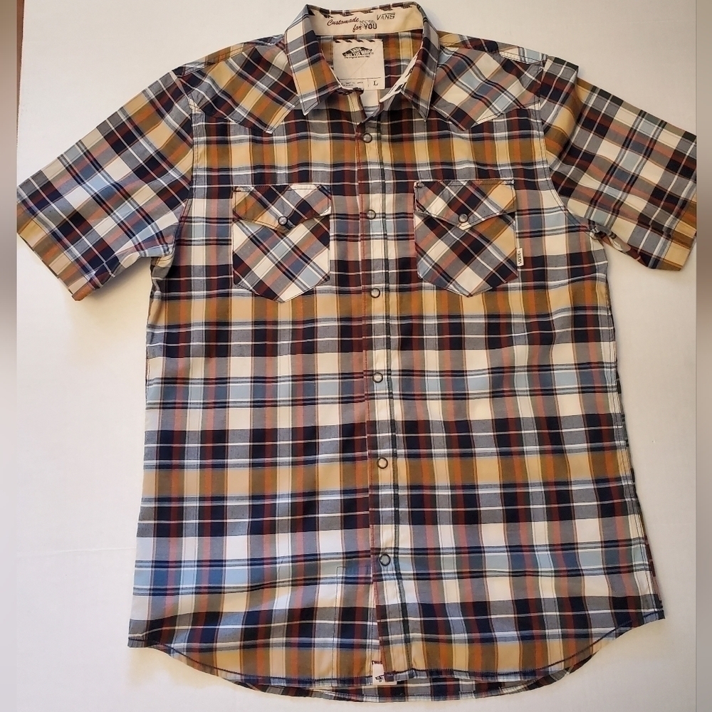 Vans Off The Wall plaid‎ button down short sleeve mens shirt in size Large F7